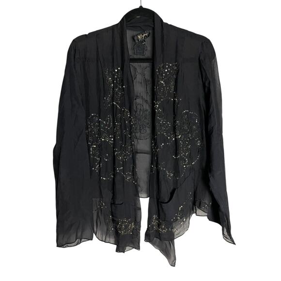 Johnny Was Tops - BIYA Johnny Was Black Sheer Sequin Kimono Top Black Sheer Chiffon Pockets Sz L